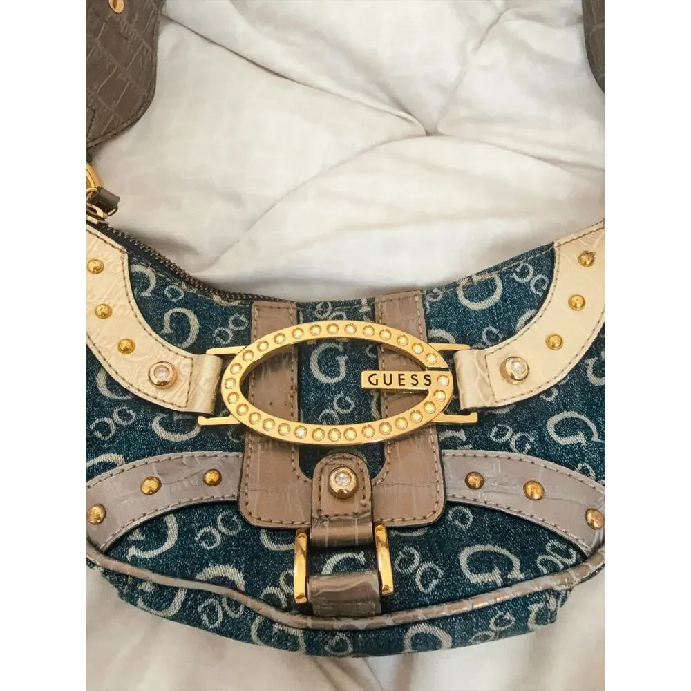 Guess RARE Y2K Vintage Shoulder Bag Monogram Denim Hardware Embellished Archive